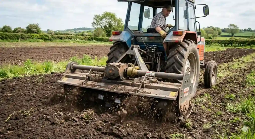 A tractor is performing rotary tillage in the fields.