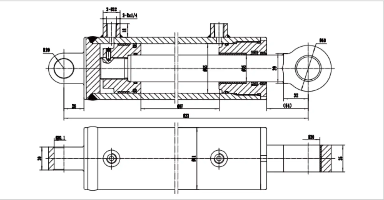 Grain Tank Lifting Cylinder for Combine Harvesters – HCYY11112016 grain tank lifting cylinder dimensional drawing HCYY11112016 65mm bore 607mm stroke 823mm installation