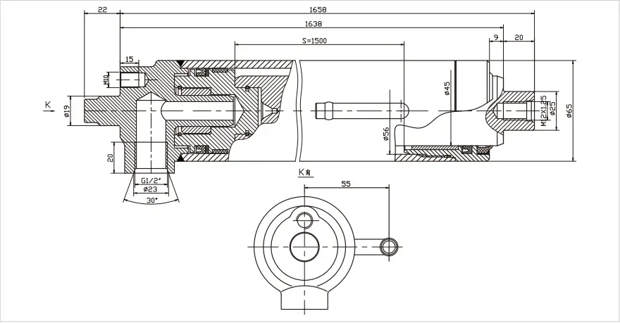 HCYY11112000 Forklift Hydraulic Cylinder – Single-Acting Lift Cylinder for 2–3 Ton Counterbalance Forklifts HCYY11112000 forklift lifting cylinder dimensional drawing
