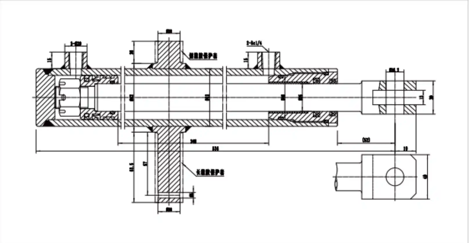 towing and lifting cylinder dimensional drawing HCYY11112017 40mm bore 348mm stroke 536mm installation